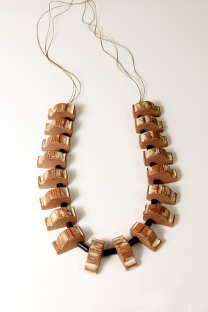 pendant, recycled timber & black plastic tubing, distressed paint