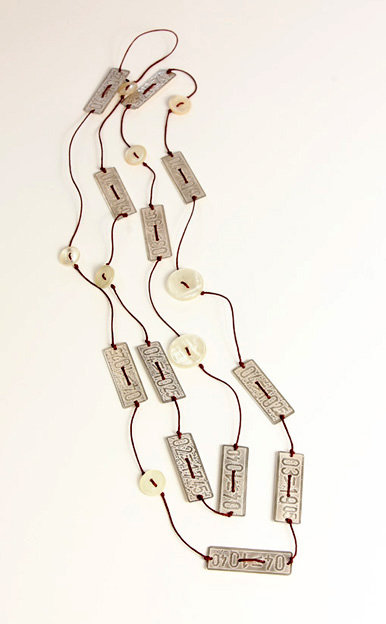 Stitches, pendant, sterling silver, antique buttons, linen thread