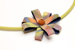 Day 29, blossoming - close up. Upcycled reticulation tubes and parts, paper, paint, pencils, gum nuts, linen thread. © Blandine Hallé 2015